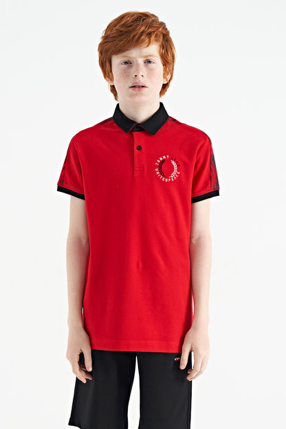 Red Print Detailed Polo Collar Standard Cut Boys T-Shirt - 11166