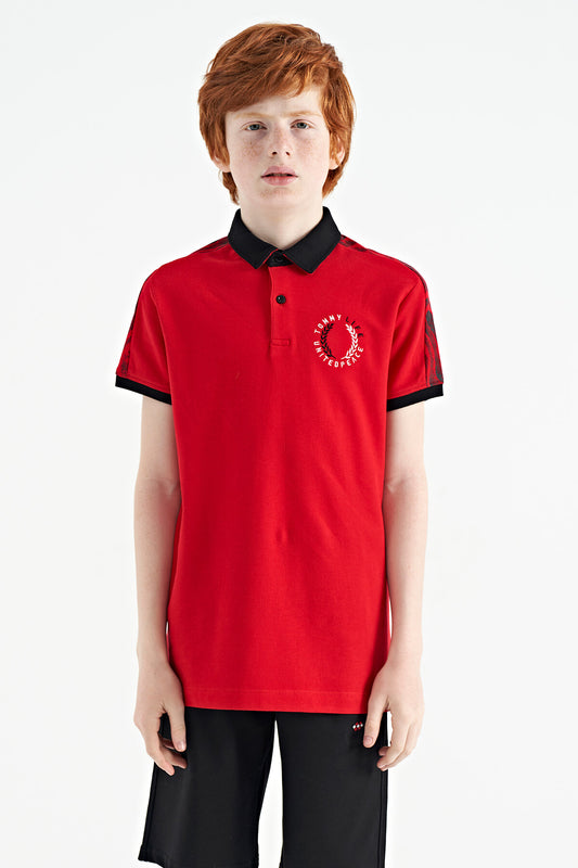 Red Print Detailed Polo Collar Standard Cut Boys T-Shirt - 11166
