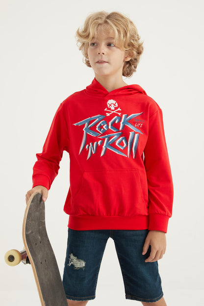Red Print Kangaroo Pocket Hooded Standard Fit Boys Sweatshirt - 11002