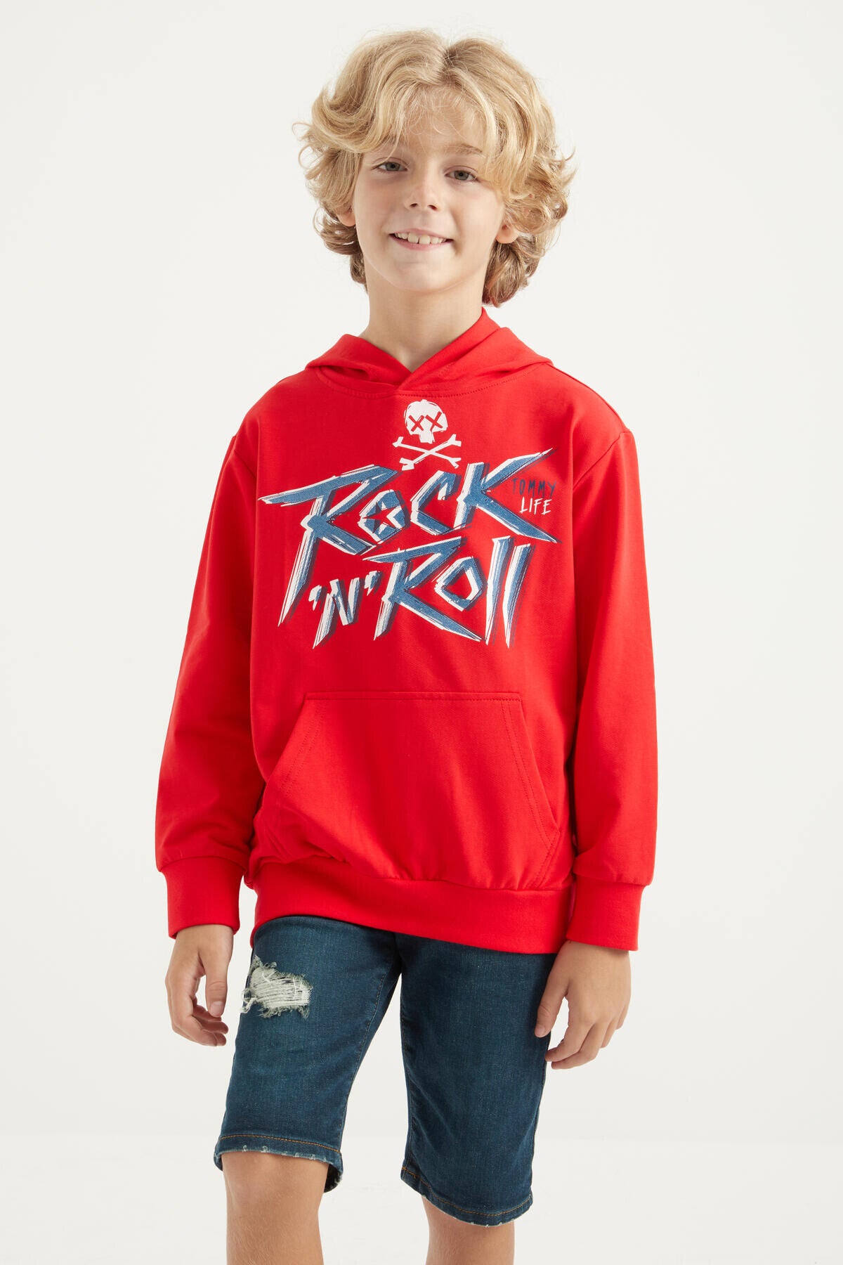Red Print Kangaroo Pocket Hooded Standard Fit Boys Sweatshirt - 11002