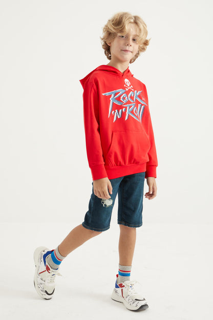 Red Print Kangaroo Pocket Hooded Standard Fit Boys Sweatshirt - 11002