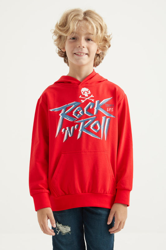 Red Print Kangaroo Pocket Hooded Standard Fit Boys Sweatshirt - 11002