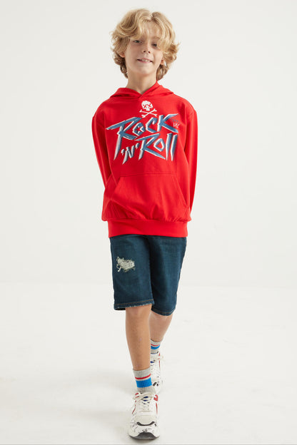 Red Print Kangaroo Pocket Hooded Standard Fit Boys Sweatshirt - 11002