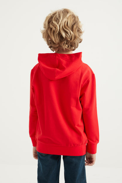 Red Print Kangaroo Pocket Hooded Standard Fit Boys Sweatshirt - 11002