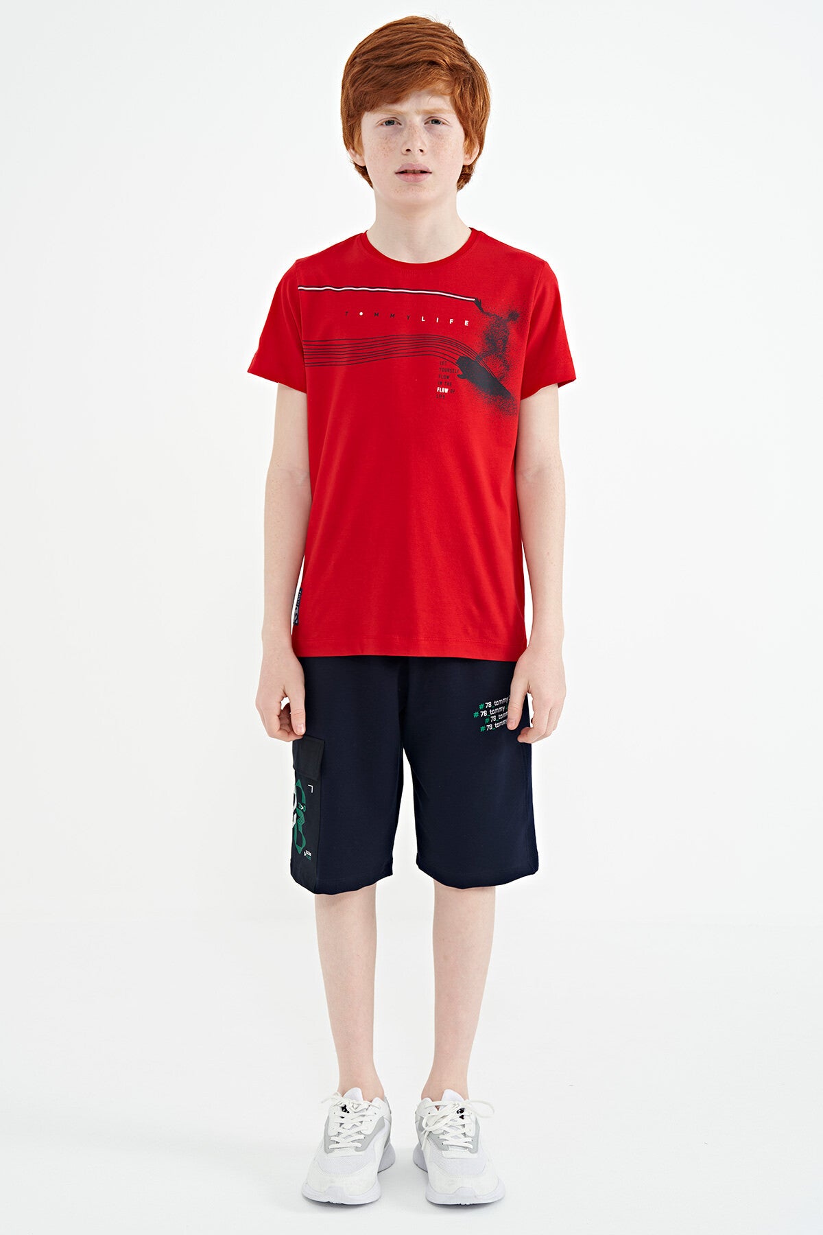 Red Print Detailed Standard Mold O Collar Boys T-Shirt - 11133
