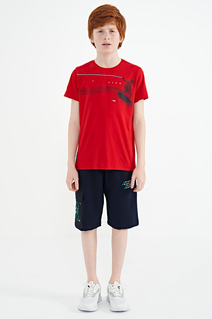 Red Print Detailed Standard Mold O Collar Boys T-Shirt - 11133