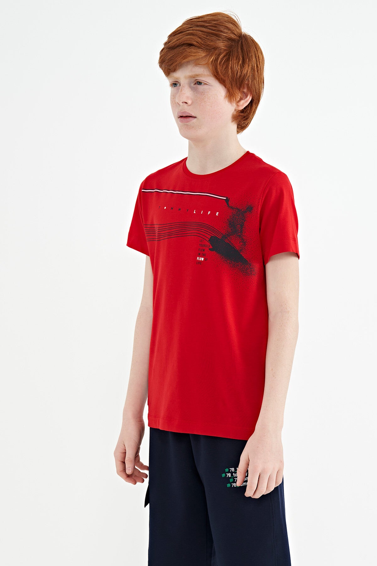 Red Print Detailed Standard Mold O Collar Boys T-Shirt - 11133