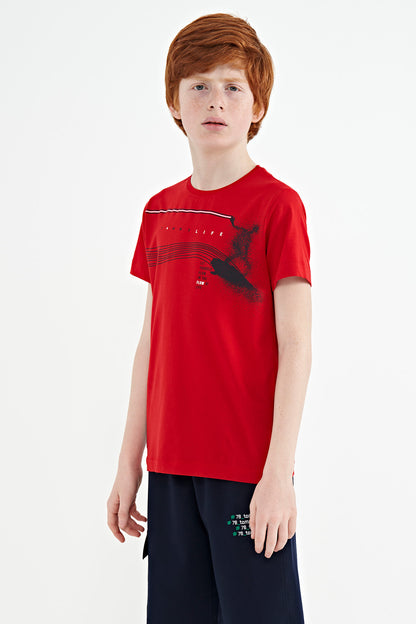 Red Print Detailed Standard Mold O Collar Boys T-Shirt - 11133