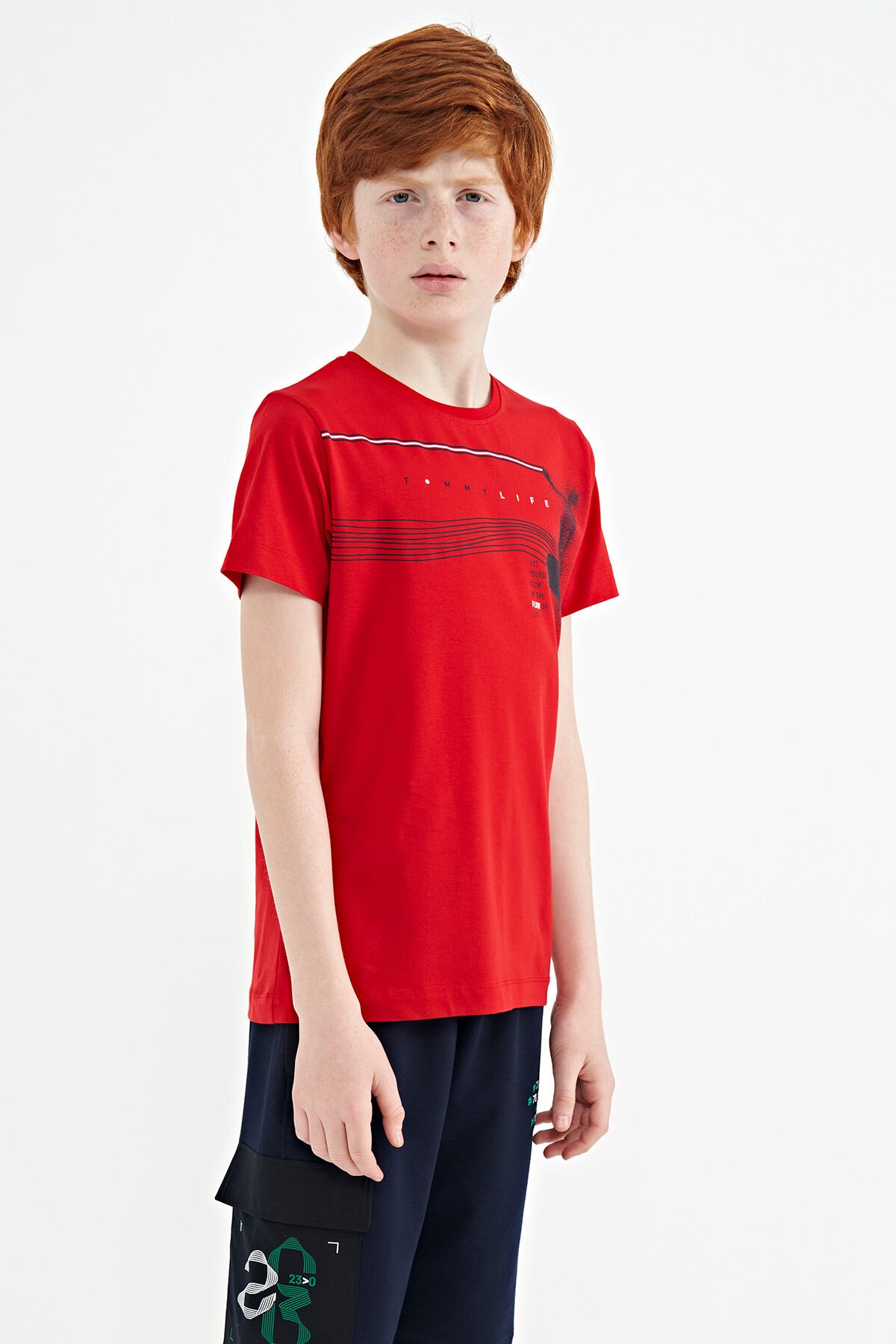 Red Print Detailed Standard Mold O Collar Boys T-Shirt - 11133