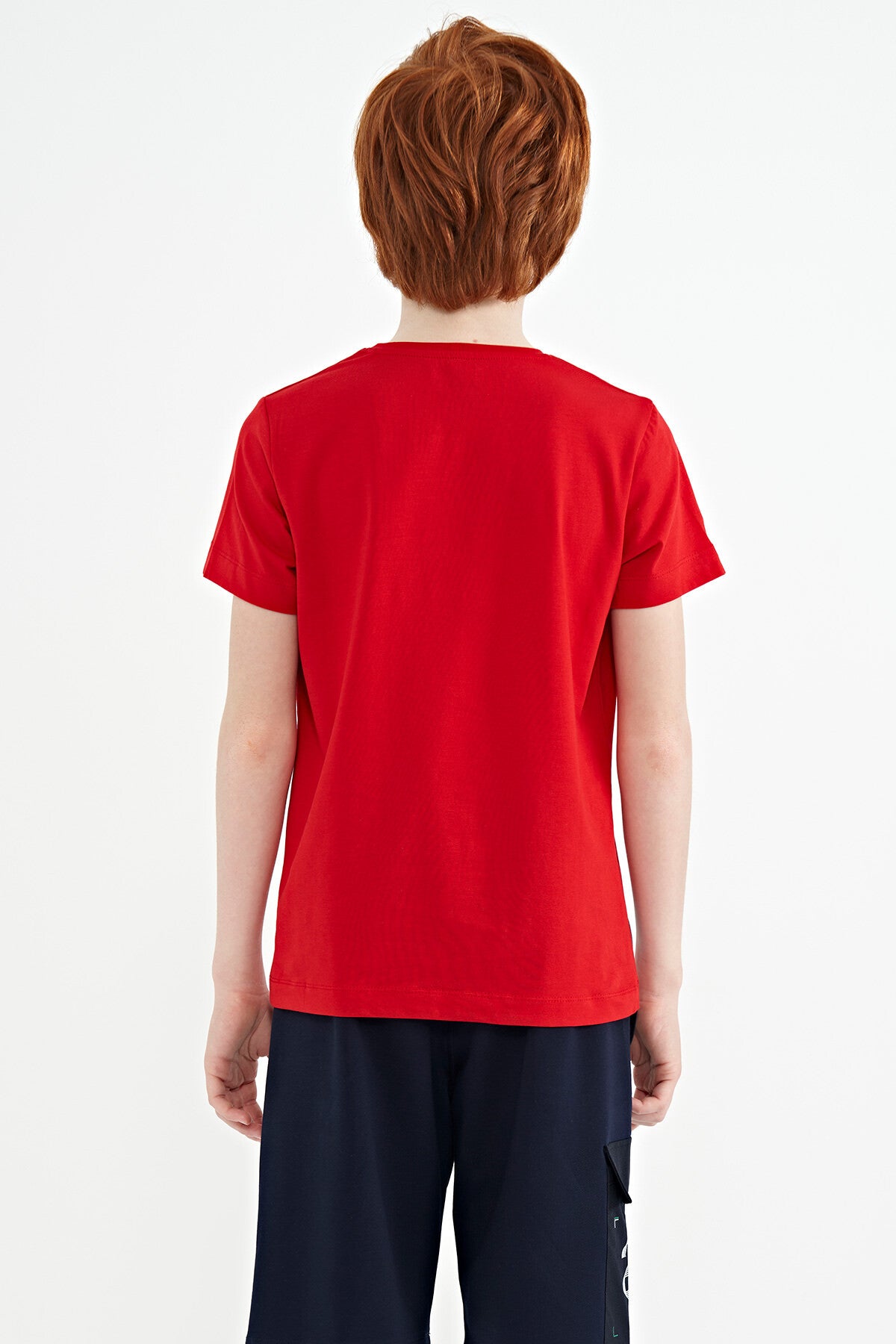 Red Print Detailed Standard Mold O Collar Boys T-Shirt - 11133