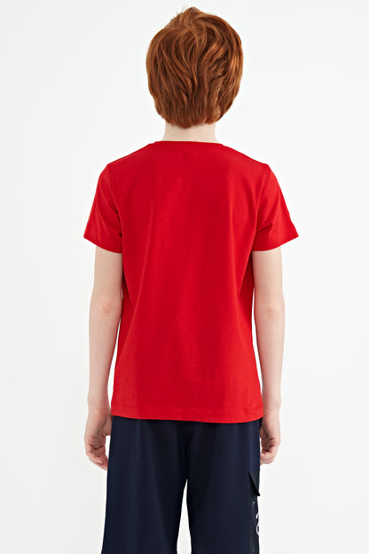 Red Print Detailed Standard Mold O Collar Boys T-Shirt - 11133