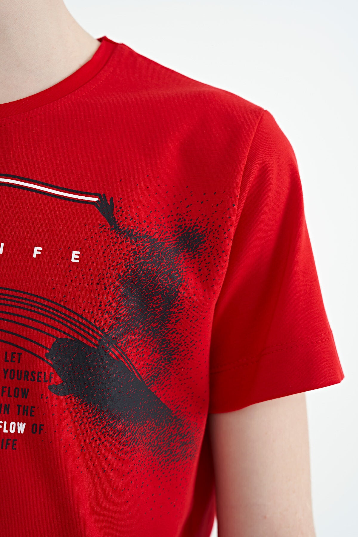 Red Print Detailed Standard Mold O Collar Boys T-Shirt - 11133