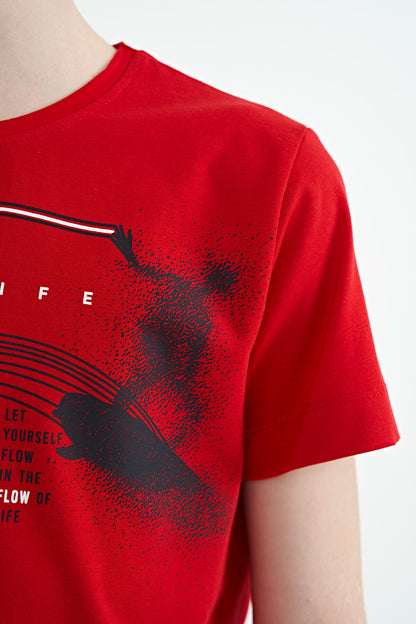 Red Print Detailed Standard Mold O Collar Boys T-Shirt - 11133