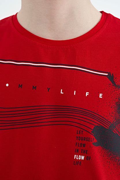 Red Print Detailed Standard Mold O Collar Boys T-Shirt - 11133