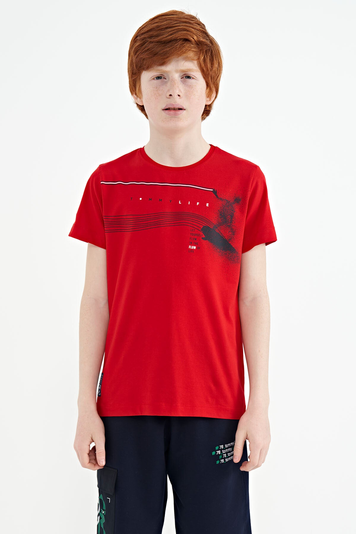 Red Print Detailed Standard Mold O Collar Boys T-Shirt - 11133