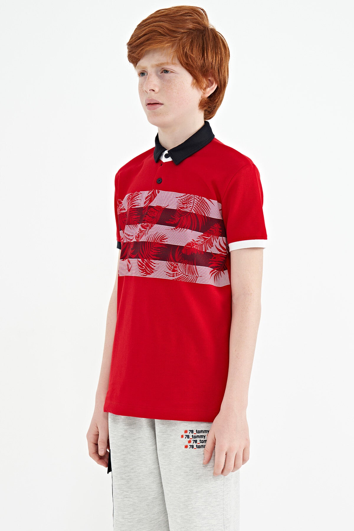 Red Print Detailed Standard Cut Polo Collar Boys T-Shirt - 11101