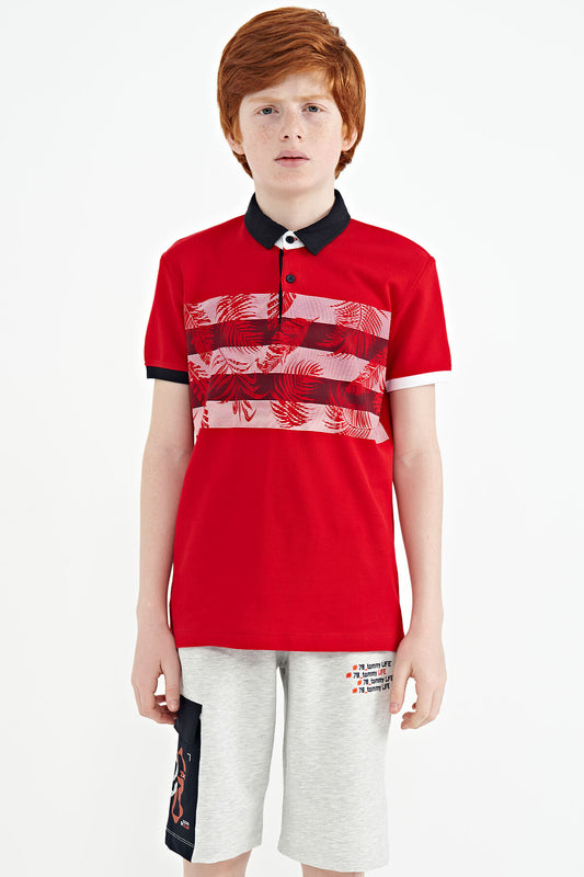 Red Print Detailed Standard Cut Polo Collar Boys T-Shirt - 11101