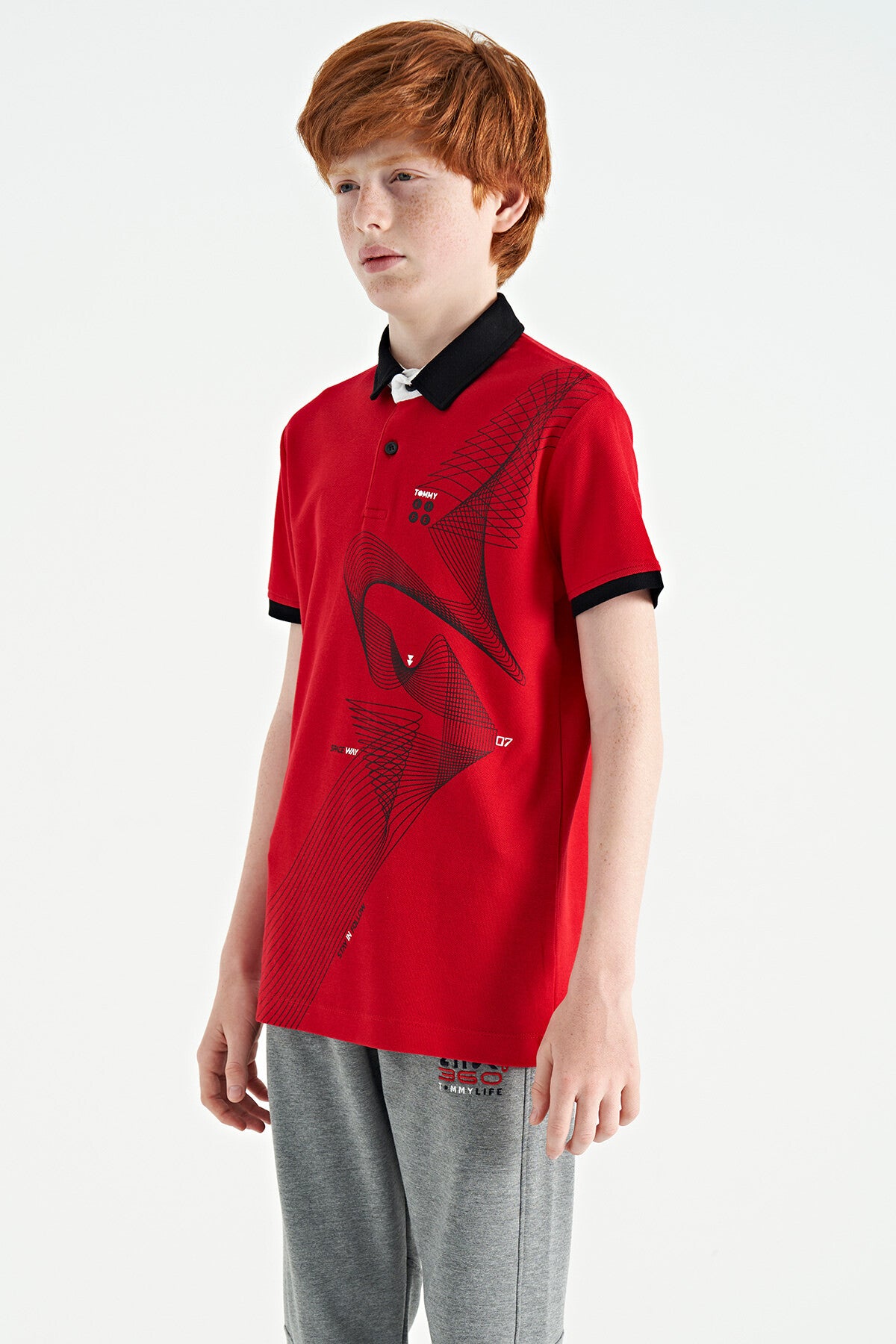 Red Print Detailed Standard Cut Polo Collar Boys T-Shirt - 11164