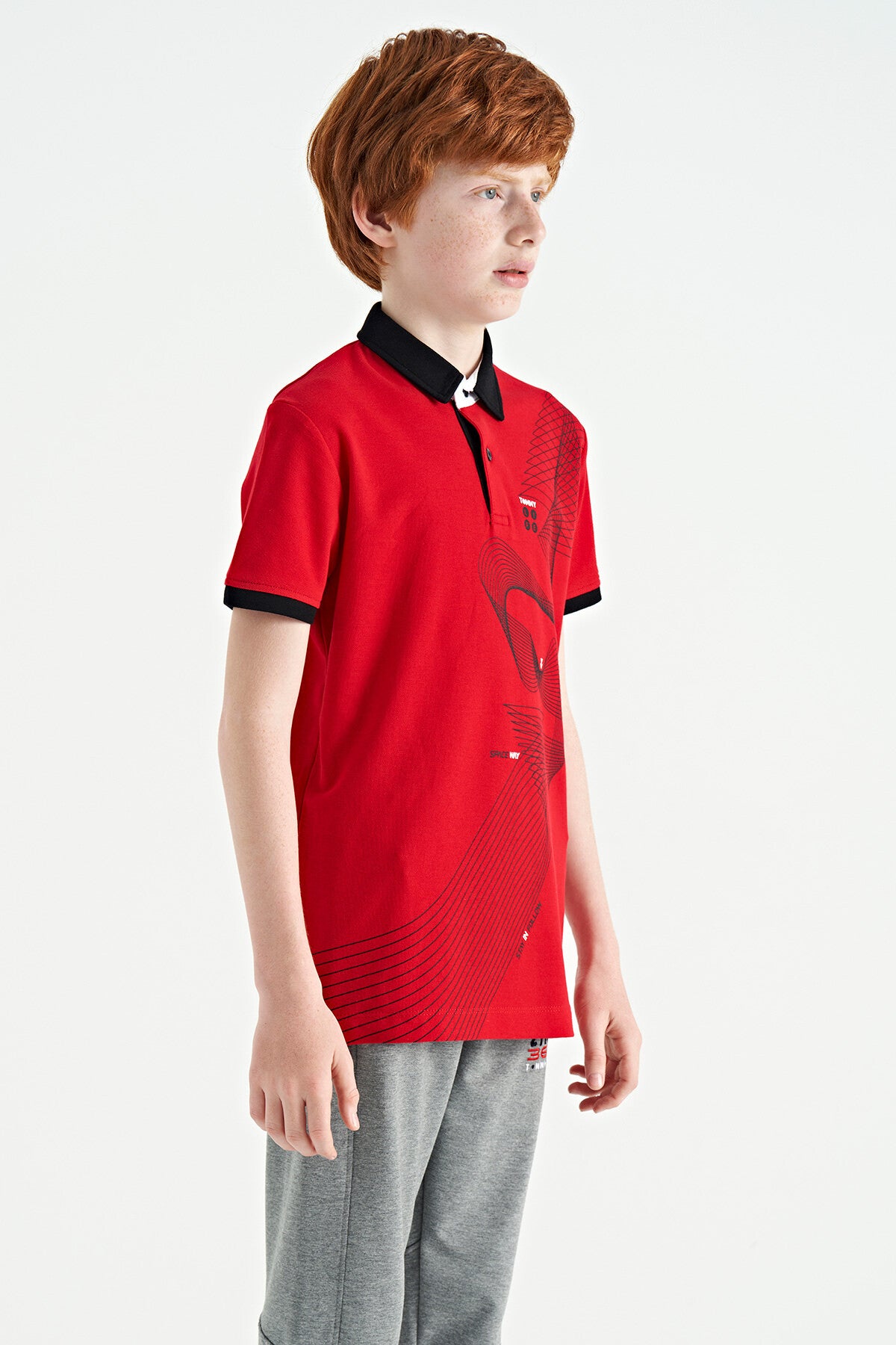 Red Print Detailed Standard Cut Polo Collar Boys T-Shirt - 11164
