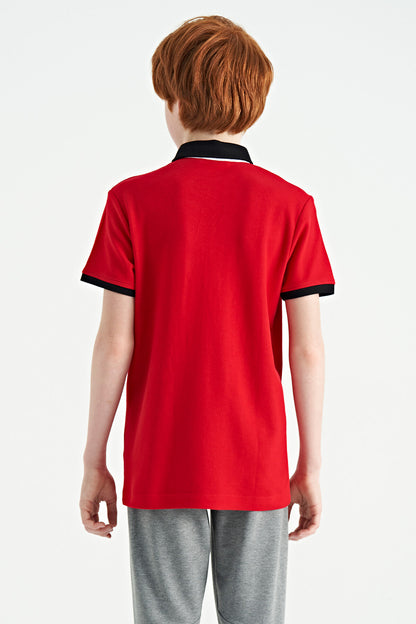 Red Print Detailed Standard Cut Polo Collar Boys T-Shirt - 11164