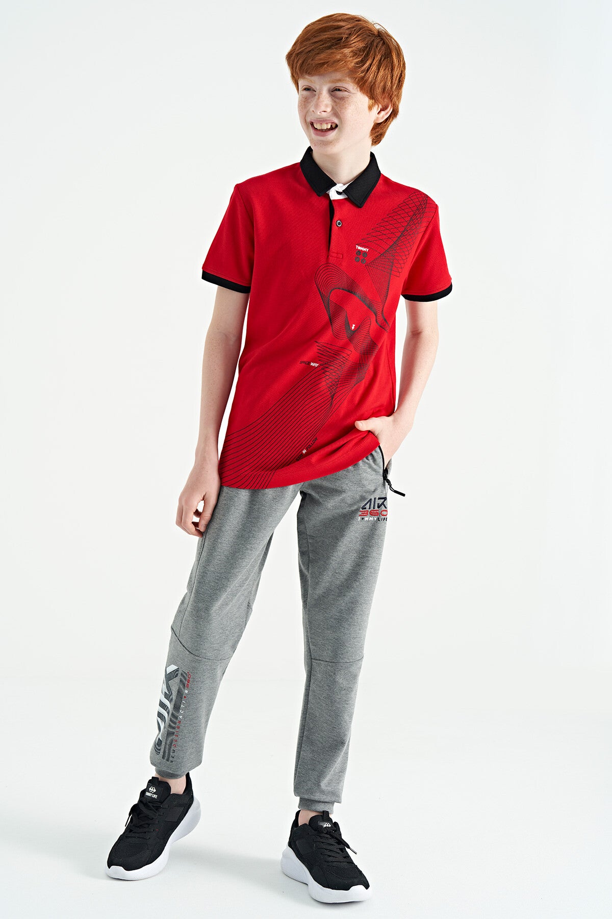 Red Print Detailed Standard Cut Polo Collar Boys T-Shirt - 11164