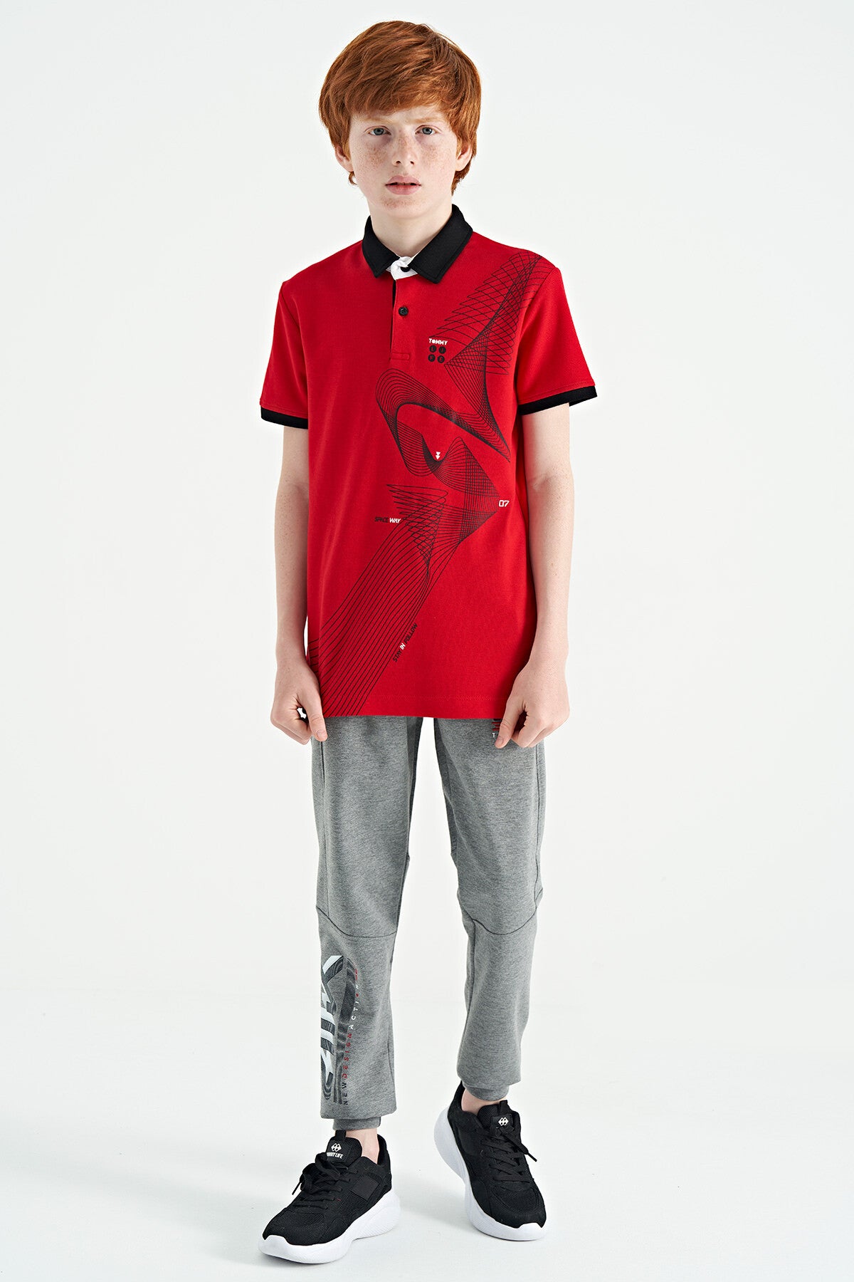 Red Print Detailed Standard Cut Polo Collar Boys T-Shirt - 11164