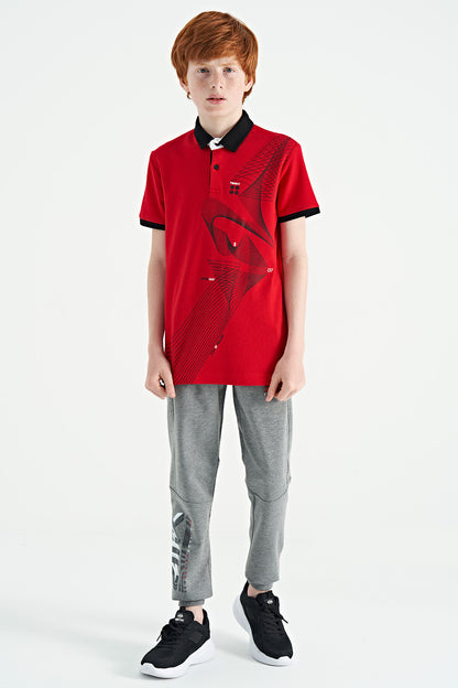 Red Print Detailed Standard Cut Polo Collar Boys T-Shirt - 11164