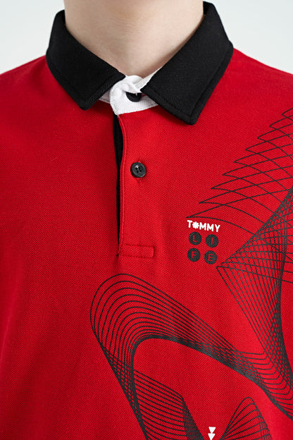 Red Print Detailed Standard Cut Polo Collar Boys T-Shirt - 11164