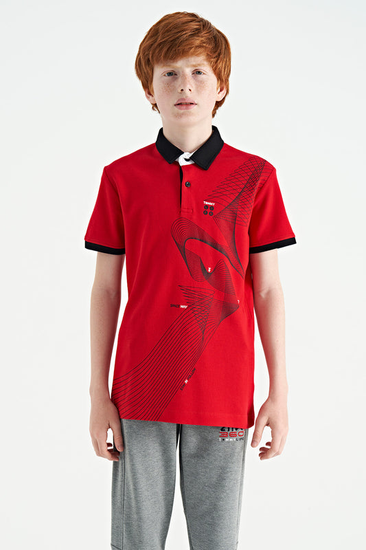 Red Print Detailed Standard Cut Polo Collar Boys T-Shirt - 11164