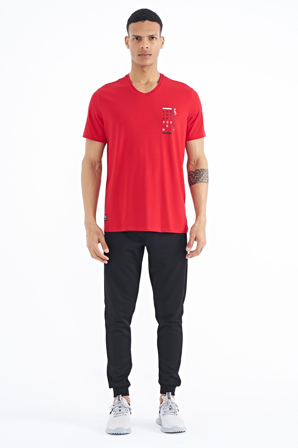 Red Print Detailed V Neck Standard Fit Men's T-Shirt - 88186