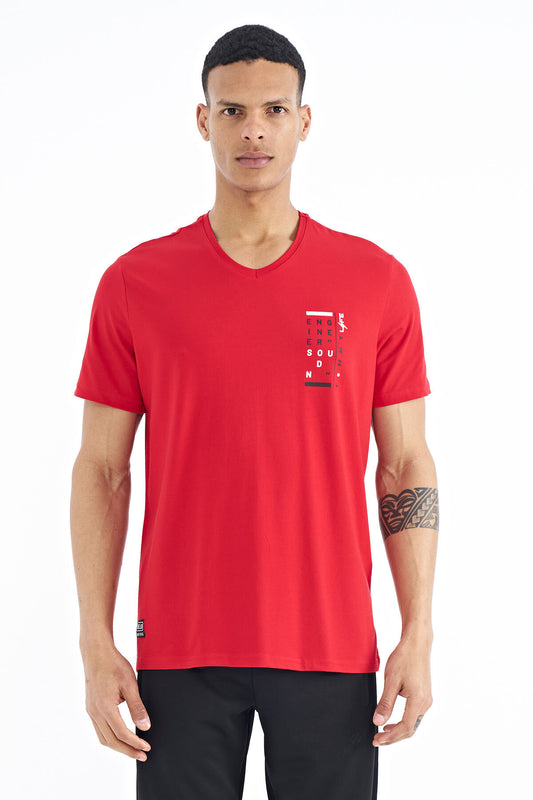 Red Print Detailed V Neck Standard Fit Men's T-Shirt - 88186