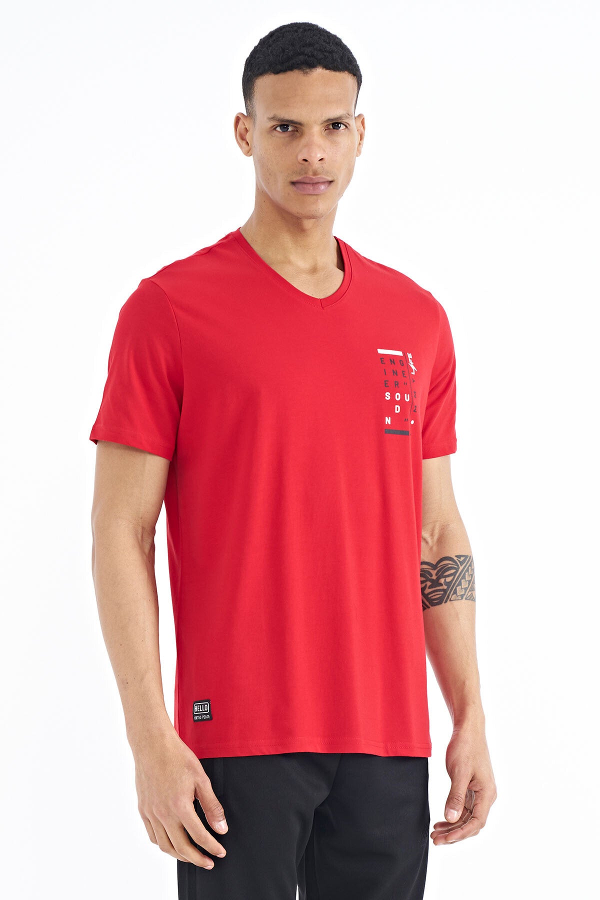 Red Print Detailed V Neck Standard Fit Men's T-Shirt - 88186
