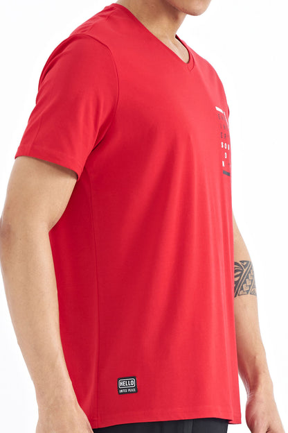Red Print Detailed V Neck Standard Fit Men's T-Shirt - 88186