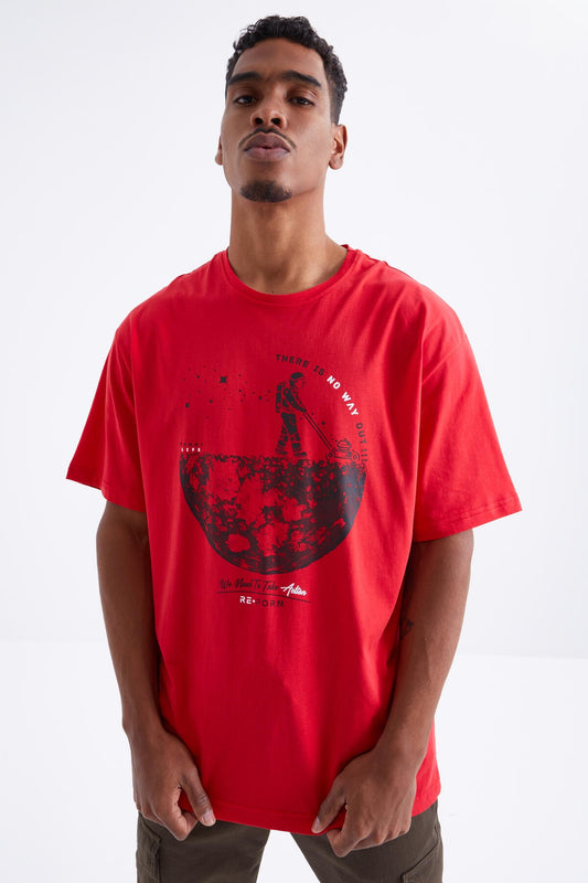 Red Printed O Collar Men's Oversize T-Shirt - 88098