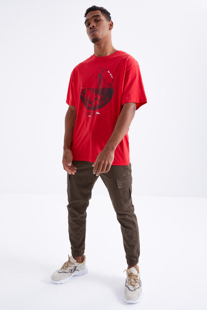 Red Printed O Collar Men's Oversize T-Shirt - 88098