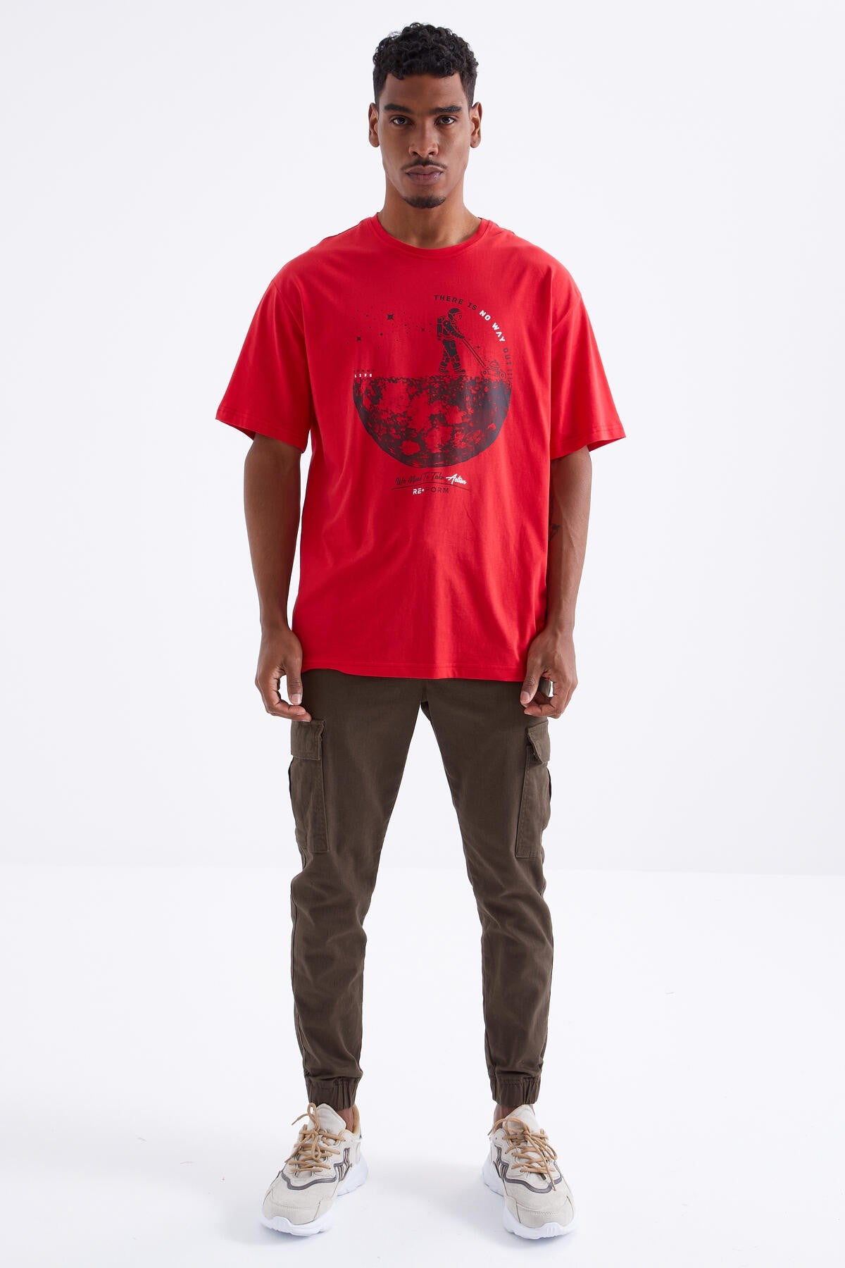 Red Printed O Collar Men's Oversize T-Shirt - 88098