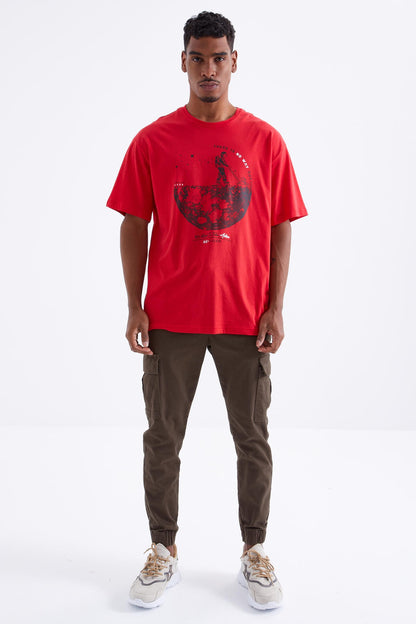 Red Printed O Collar Men's Oversize T-Shirt - 88098