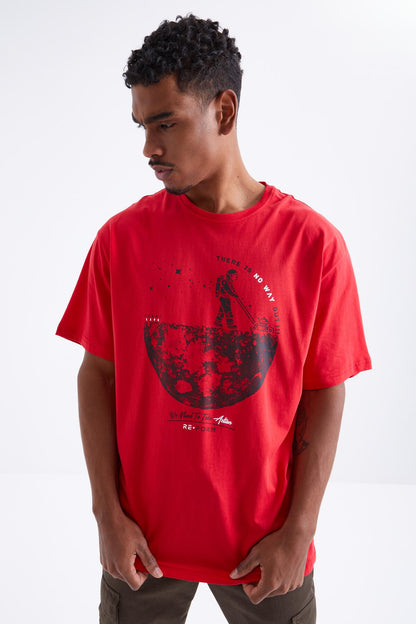 Red Printed O Collar Men's Oversize T-Shirt - 88098