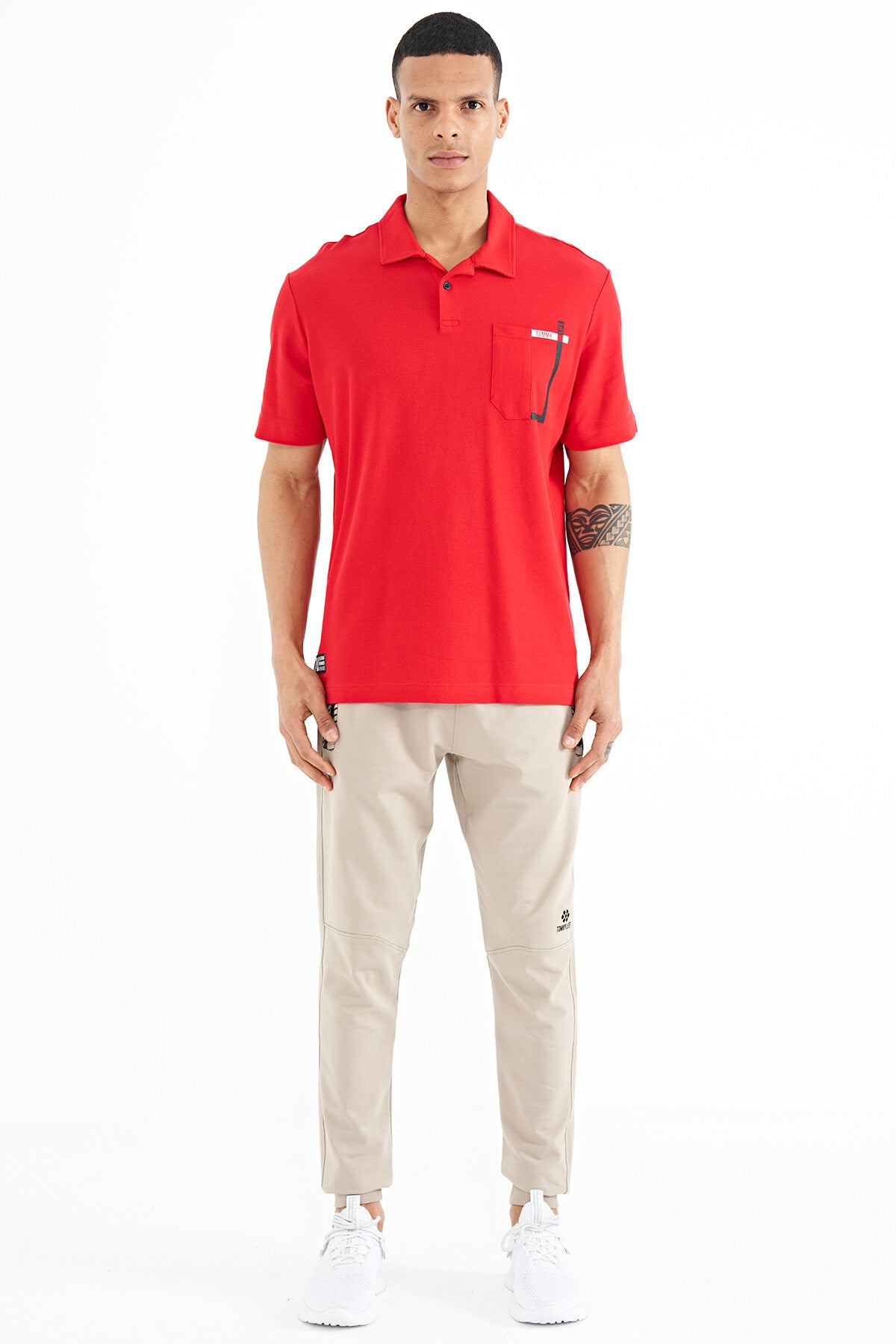 Red Pocket Detailed Printed Standard Mold Polo Collar Men's T-Shirt - 88241