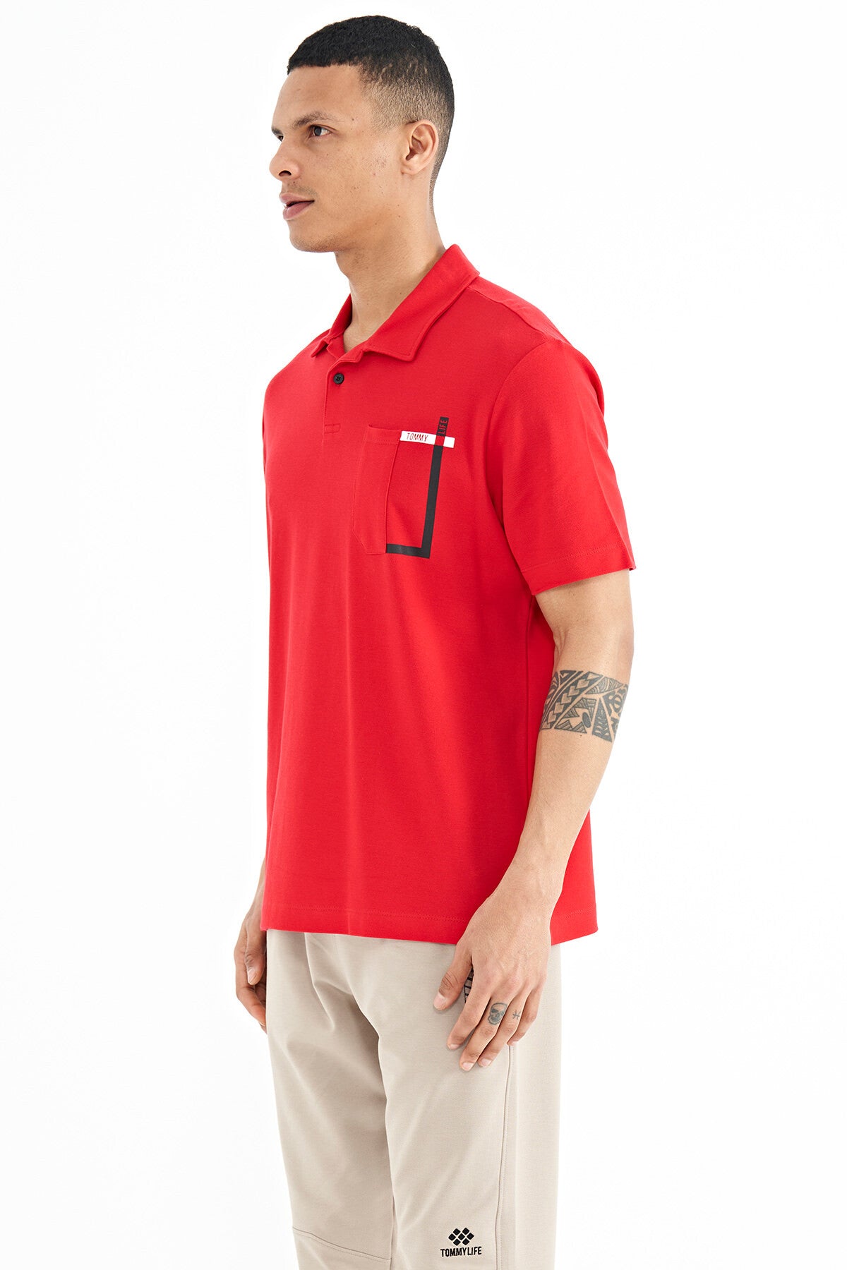 Red Pocket Detailed Printed Standard Mold Polo Collar Men's T-Shirt - 88241