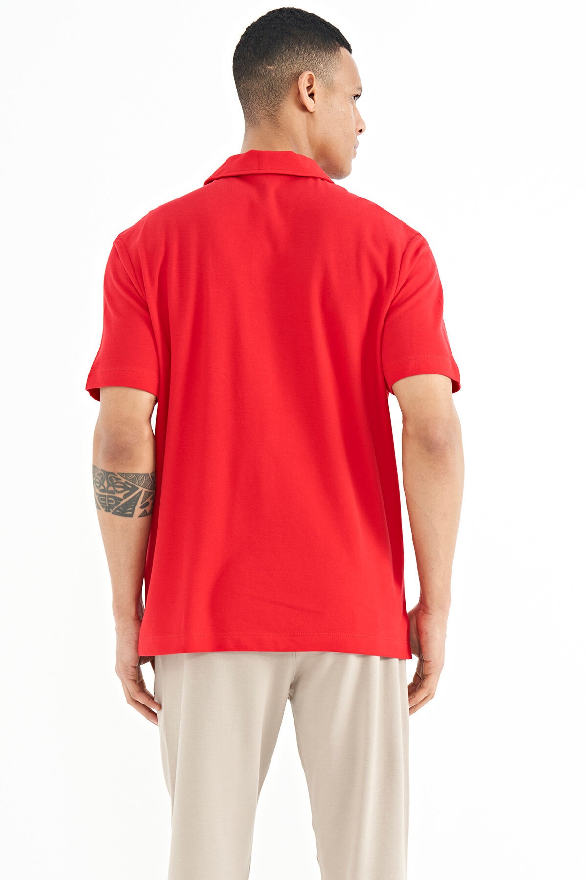 Red Pocket Detailed Printed Standard Mold Polo Collar Men's T-Shirt - 88241