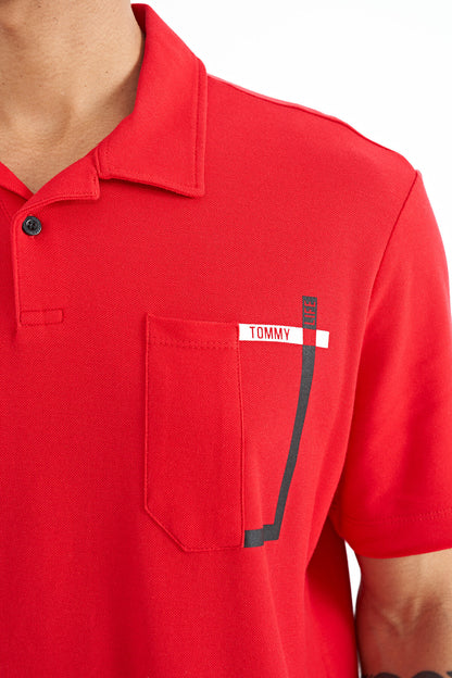 Red Pocket Detailed Printed Standard Mold Polo Collar Men's T-Shirt - 88241