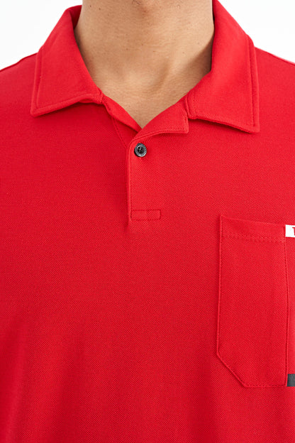 Red Pocket Detailed Printed Standard Mold Polo Collar Men's T-Shirt - 88241