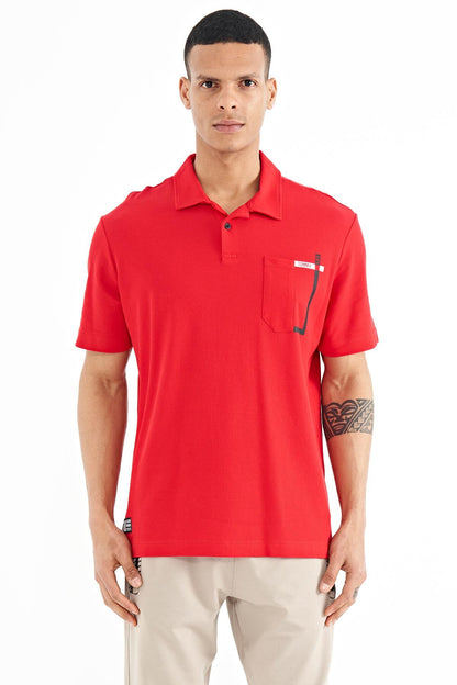 Red Pocket Detailed Printed Standard Mold Polo Collar Men's T-Shirt - 88241