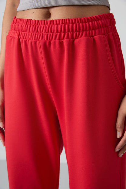 Red Pocket High Waist Comfortable Form Elastic Cuff Women's Tracksuit Bottom - 94583