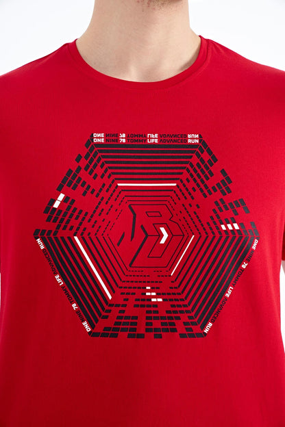 Red Pattern Printed Standard Fit Men's T-Shirt - 88231
