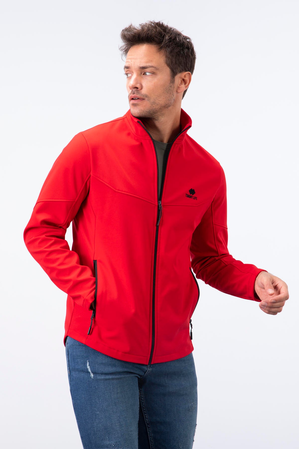 Red Zippered Stand-Up Collar Water and Windproof Softshell Men's Jacket - 88050