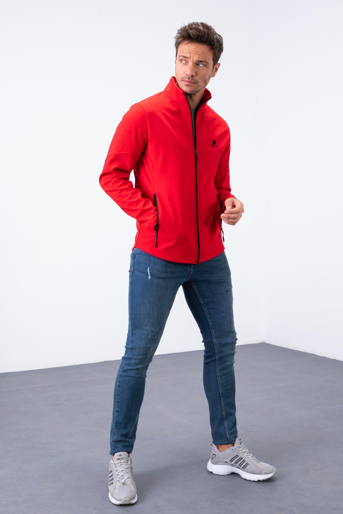 Red Zippered Stand-Up Collar Water and Windproof Softshell Men's Jacket - 88050