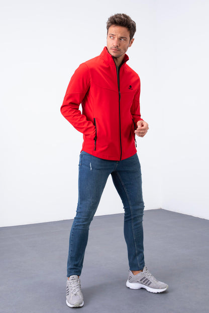 Red Zippered Stand-Up Collar Water and Windproof Softshell Men's Jacket - 88050