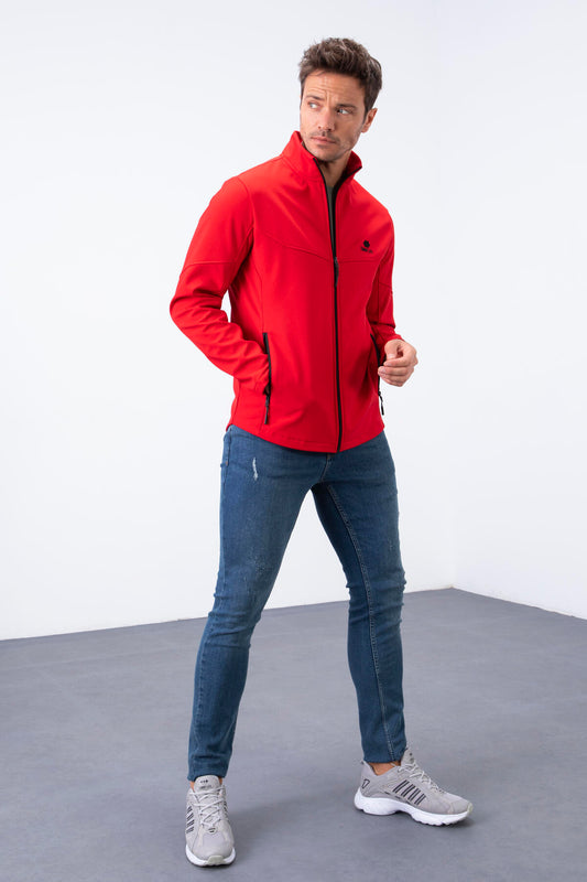 Red Zippered Stand-Up Collar Water and Windproof Softshell Men's Jacket - 88050